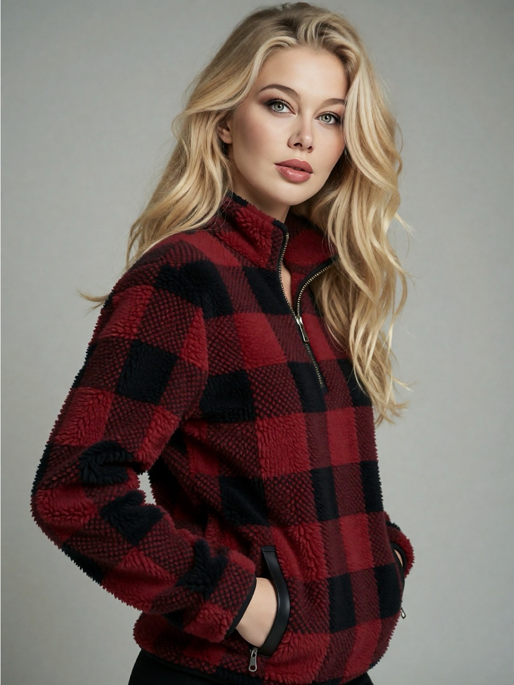 The Children's Place Red and Black Buffalo Plaid Sherpa Quarter-Zip